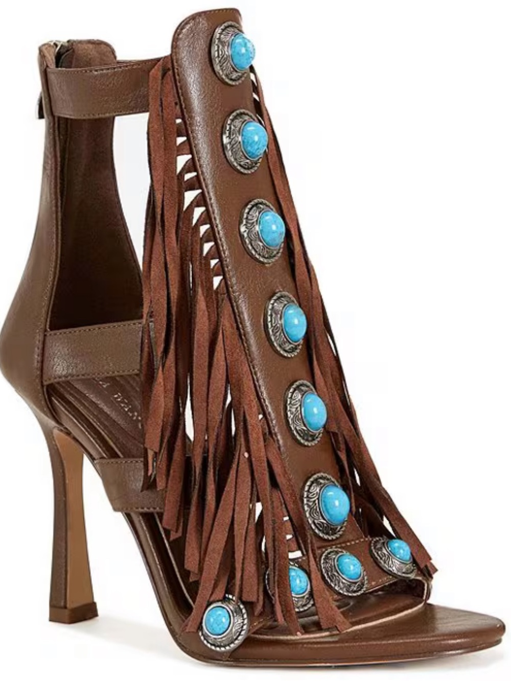 New Azalea Wang Brown Fringe Turquoise-Accent High Heel Sandals